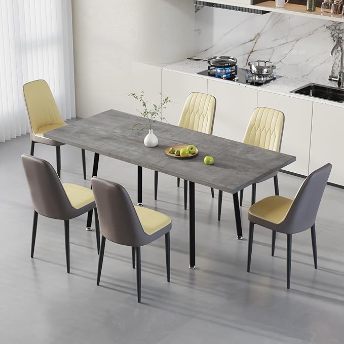 7 Piece Dining Table Set for 6-8,55-71" Extendable Dining Table Set with 6 Upholstered Chairs,Rectangle Kitchen Table Set for Small Space,Dining Room and Office,Grey