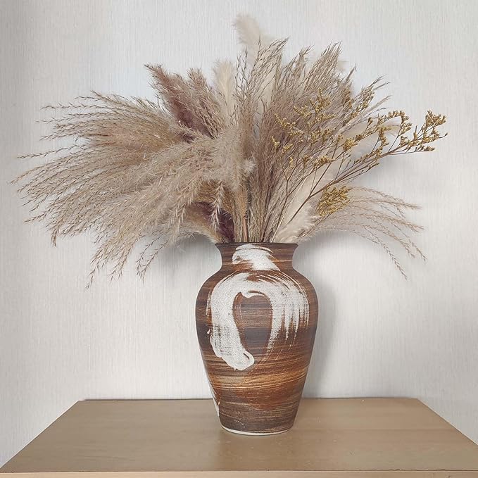 Rustic Brown Vase - 10" Handmade Brown and White Farmhouse Terracotta Vase, Unique Boho vase, Decorative Neutral Vases Home Decor, Vintage Ceramic Flower vases for Living Room, Kitchen Decor