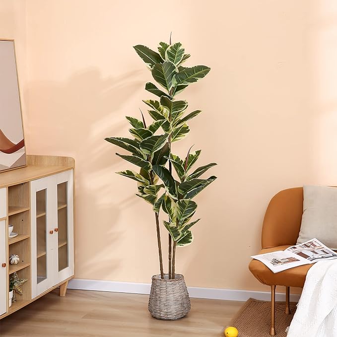 Artificial Rubber Tree Plant 5ft Tall Faux Ficus Tree Potted Fake Tropical Plants Decorative House Plants Large Floor Artificial Trees for Home Office Store Room Decor