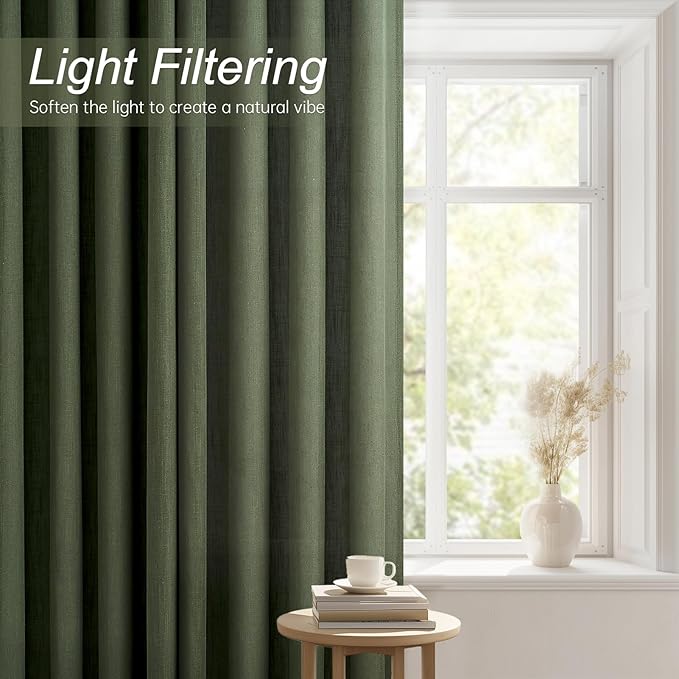 Olive Green Curtains 102 Inches Long 2 Panels Set for Living Room Bedroom Neutral Farmhouse Cotton Linen Blend Pleat Semi Sheer Drapes Ceiling Floor 102 Inch Window Curtain