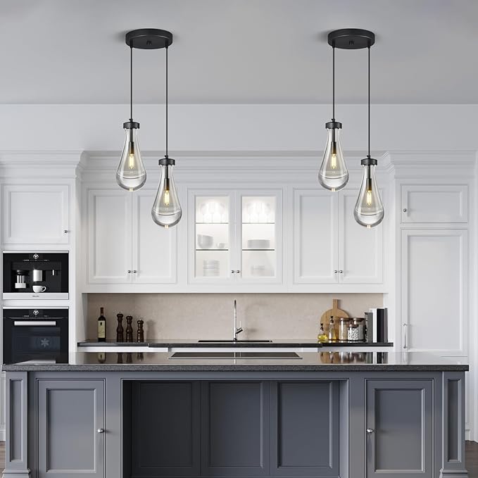 Raindrop Pendant Lights Kitchen Island Teardrop Black Hanging Light Fixtures Clear Solid Glass Pendant Light Modern Chandeliers for Dining Room Porch Corridor Living Room(2-Light)