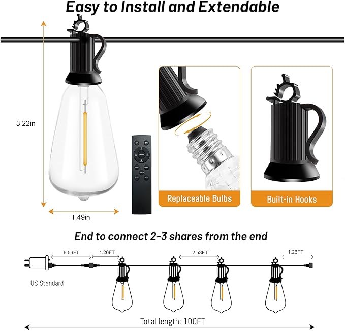 100FT Dimmable Waterproof Outdoor String Lights with Remote, 52 Shatterproof ST38 Vintage Edison Bulbs for Porch, Deck, Garden, Backyard, Balcony