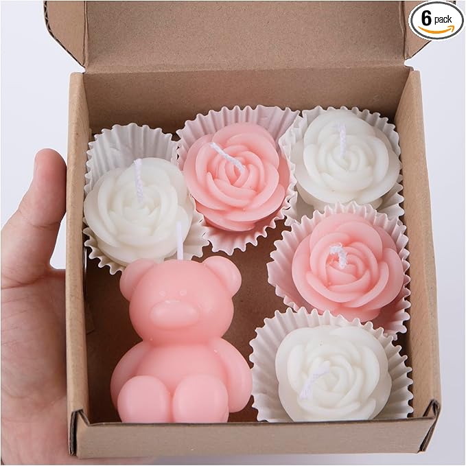 6pc Baby Shower Candle Favors for Guest DIY Floating Candles Party Favors Bulk Scented Tealight Candles Gender Reveal Gifts Return Gifts (Bear-Pink)