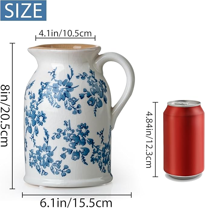 Blue and White Pitcher Vase, 8 Inch Vintage Chinoiserie Ceramic Flower Vase, Rustic Retro Ice Cracked Antique Porcelain Vases for Home Farmhouse Table Centerpieces Shelf Decor