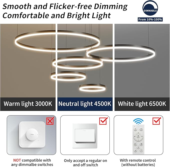 LED Pendant Light for Kitchen Island, 5-Ring Black Modern Chandelier, Dimmable 3000K-6500K, Adjustable Height, Remote Control, Hanging Ceiling Lighting Fixture for Dining Room, Living Room Lamp