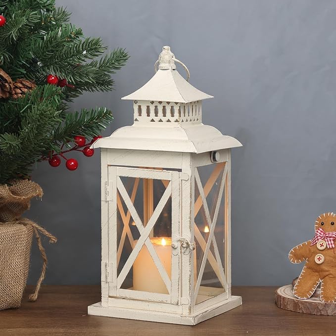 DECORKEY Lantern Decorative Indoor & Outdoor,Large Square Hanging Spring Home Decor, Vintage Metal Decorative Candle Lanterns for Outdoor Patio Wedding Party Beige with Copper Brush