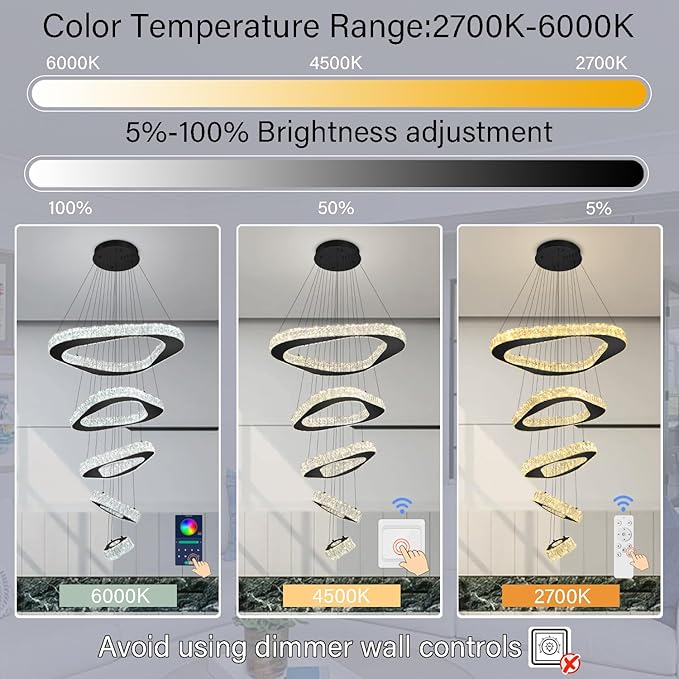 Large Modern Chandelier 5 Ring Chandeliers for High Ceiling Dimmable Black Chandelier High Ceiling Foyer Chandeliers for Living Room Dining Room Staircase