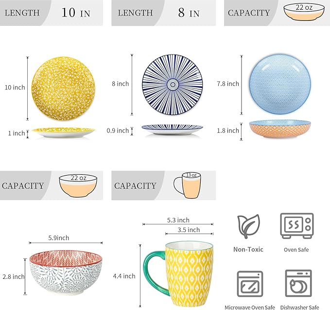 Selamica 30-Pieces Ceramic Dinnerware Sets for 6, Scratch Resistant Plates and Bowls Sets, Microwave and Dishwasher Safe, Assorted Colors