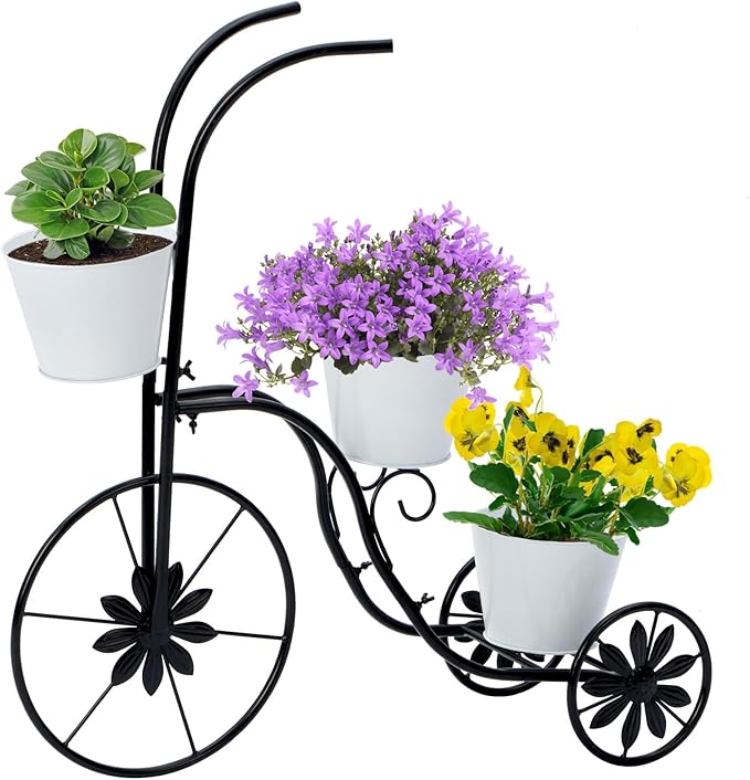 BAYN Bicycle Planter Stand, Metal Flower Pot Cart Holder Tricycle Planter with 3 Plant Bucket Outdoor Decorative for Patio, Deck, Garden or Lawn