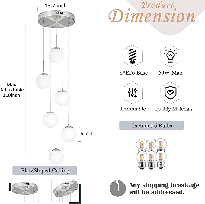 KoKo&Yukina Globe Pendant Light 6 Light Nickel Globe Pendant Lights Kitchen Island Mid Century Light Fixture with Milky White Glass Shade Lights for Staircase