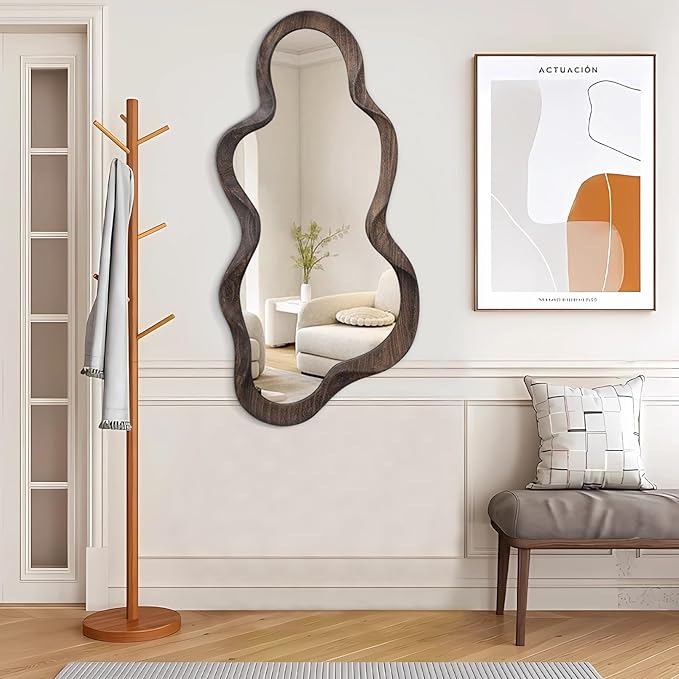 Asymmetrical Mirrors for Wall Unique Cloud Wood Frame Irregular Mirror Modern Living Room Bedroom Vanity Entryway Hallway Decorative Artistic Wall Mirror Brown