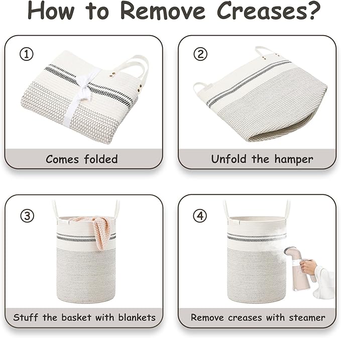 VIPOSCO Tall Laundry Basket, Large Dirty Clothes Hamper with Leather Handle, Woven Rope Storage Basket for Blanket, Toy In Living Room, Bathroom, Bedroom - 58L Stripe White