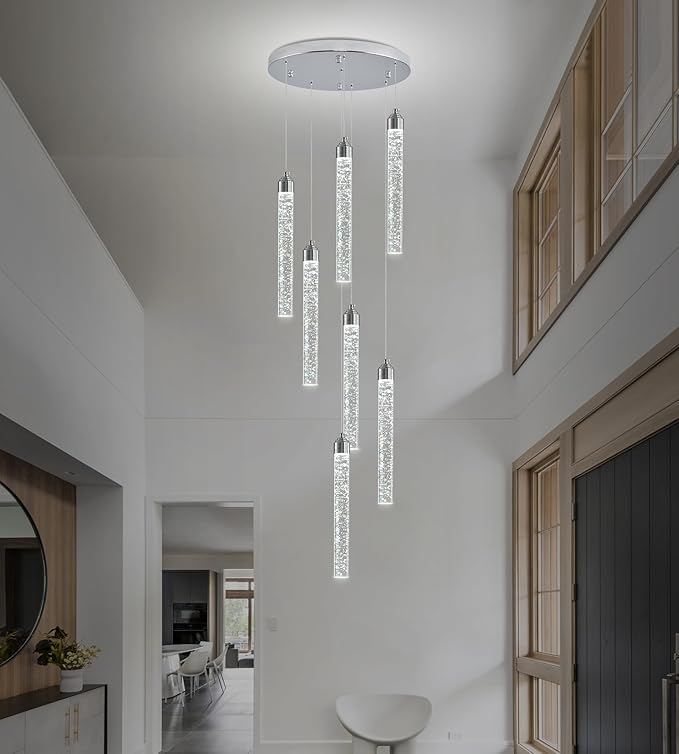 7-Lights High Ceiling Crystal Staircase Chandelier Chrome Pendant Lights Modern Spiral Raindrop Dimmable LED Bubble Cluster Ceiling Hanging Lighting Fixture for Foyer Living Room Remote Control