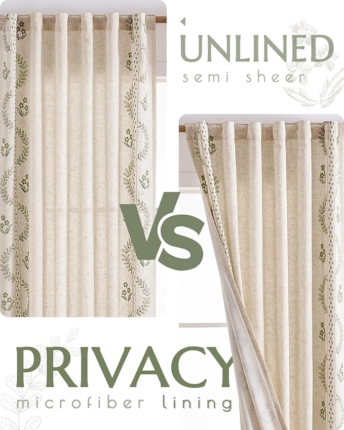 jinchan Belrose Lined Linen Blend Curtains Floral Curtains for Bedroom 63 Inch Length Sage Green Embroidered Drapes Rod Pocket Farmhouse Flower Drapes for Living Room Window Treatments Set 2 Panels