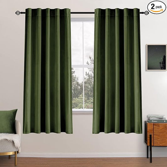 MIULEE Velvet Curtains 63 inch Length 2 Panels - Luxury Blackout Curtains for Bedroom Living Room Thermal Insulated Super Soft Window Drapes Back Tab, Olive Green, W52 x L63 inches