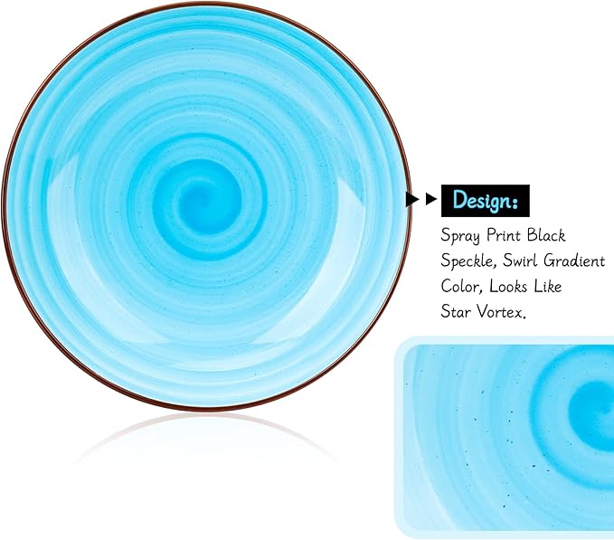 KitchenTour Large Pasta Bowls 34 oz, Ceramic Salad Serving Bowls Set of 6, 8.6 Inch Wide and Shallow for Soup- Dishwasher and Microwave Safe, Assorted Cool Colors