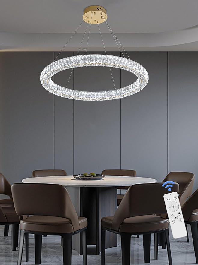 Modern Gold Round Crystal Chandelier Dimmable LED 31.5" Ring Pendant Light Ceiling Fixtures for Dining Room Living Room