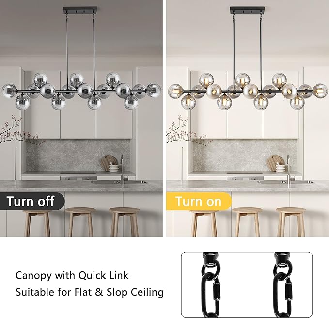 Chandelier,16-Light Large Pendant Lights Kitchen Island Linear Sputnik Chandelier Modern Chandeliers for Dining Room Bubble Gray Globe Island Lights for Kitchen Farmhouse Chandelier 55in