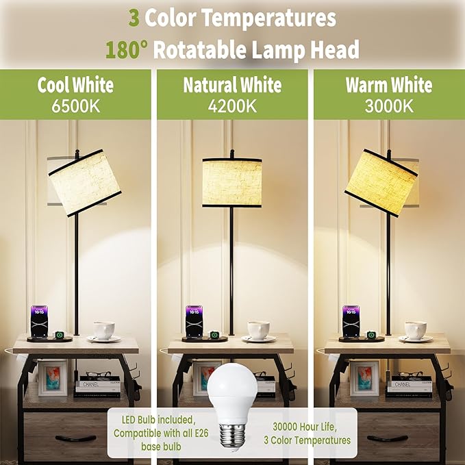 Floor Lamp with Table, End Tables with Lamps Attached 3-Color Temperature Bulb, Side Table with Lamp with 2 Drawers & Charging, Lamps Tables Combo for Bedroom, Dorm, Apartment - Greige