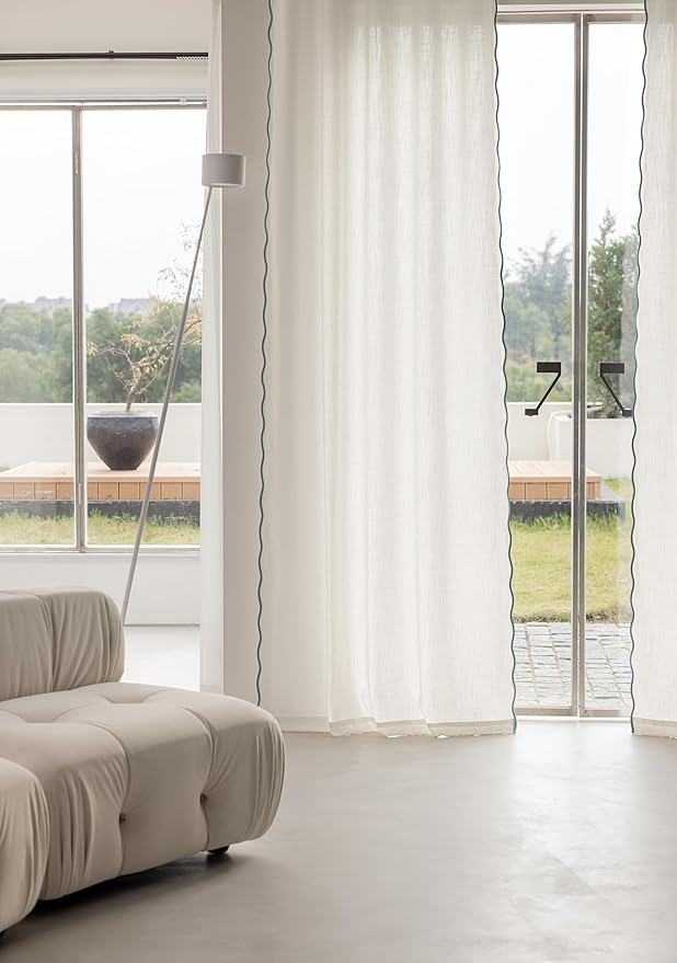 Linen Blend Scalloped/Wavy Trim, Ripple Fold Curtains for Living Room, Bedroom, Home Office, Kids Room & Dining - Light Filtering Curtains - Set of 2 - Mist Blue, (50" W x 96" L)