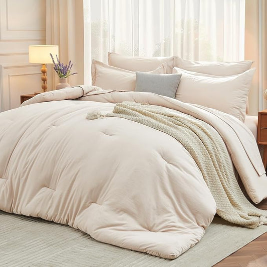 MUXHOMO 5 Pieces Twin Comforter Set, Soft Bed in a Bag Twin Size, All Season Bedding Set with Comforter, Flat Sheet, Fitted Sheet, Pillowcases & Shams, Beige