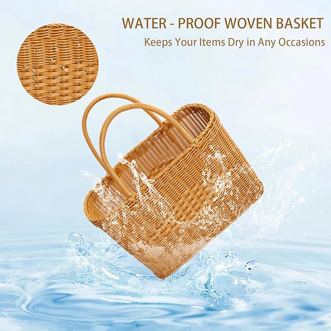 Big Picnic Basket-40cm Diameter with Handles Handmade Plastic Rattan Woven Basket Multifunctional Woven Storage Basket, Storage Basket for Camping,Shopping, Market, Birthday, Wedding,Picnic, Party