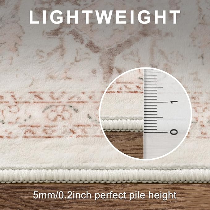 LIVEBOX Pink Area Rug 5x7 - Soft Rugs for Bedroom, Non-Slip Pink Rugs for Bedroom Girls, Vintage Washable Cute Aesthetic Rug for Nursery Dining Room, Retro Print Distressed Accent Carpet for Apartment