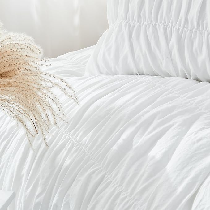 King Size Comforter Set - Ruched White Comforter King Bed Set Boho Shabby Chic Bedding - Fluffy 3 Piece Ruffle Comforter Set with Pillow - Soft and Luxury