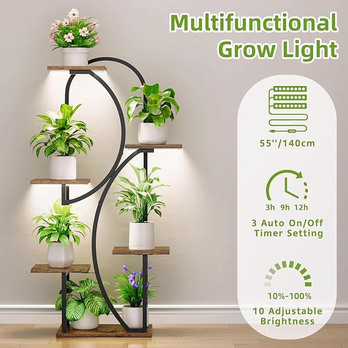 Plant Stand Indoor With Grow Lights - 47" Indoor Plant Shelf, 6-Tiered Corner Plant Stand For Multiple Plants, Lighted Arch-Shaped Flower Display Rack For Living Room, Patio, Hallway
