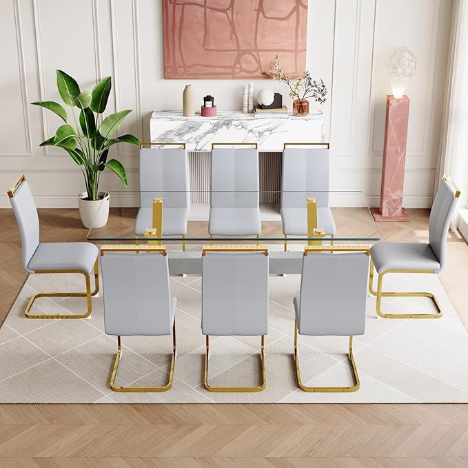 9 Piece Glass Dining Table Set, Kitchen Table Chairs Set for 8, 71'' Dining Table with 0.4" Tempered Glass Tabletop with Plated Metal Legs and MDF Crossbar, 8 PU Chairs for Dining Room, Kitchen.