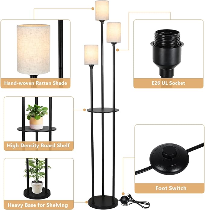 Floor Lamp with Shelves, Modern Floor Lamps for Living Room, 3-Lights Standing Lamp with Linen Shade and Foot Switch, Industrial Standing Lamps for Bedroom, Black Tall Table Lamp for Office