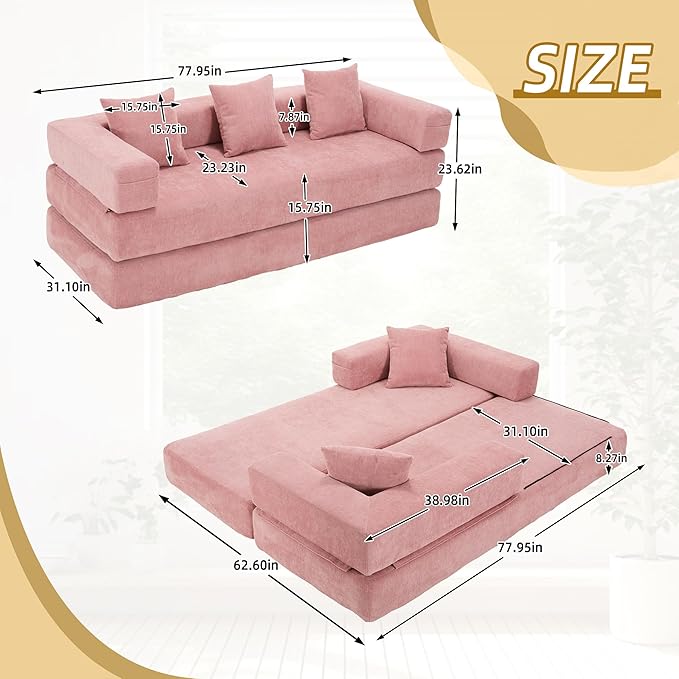 Convertible Floor Sofa Bed with Storage Pocket, Chenille Folding Mattress Sofa with Zipper Closure, Floor Lounge Couch for Living Room, Bedroom, Studio -Pink