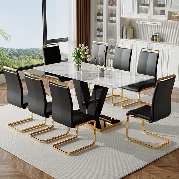 71'' Dining Table Set for 8,Marble Dining Table Set,Modern Kitchen Table with 8 PU Leather Chairs,Gold Dining Room Table Set with V-Shaped Black Glossy Pillars,Ideal for Kitchen Dining Room