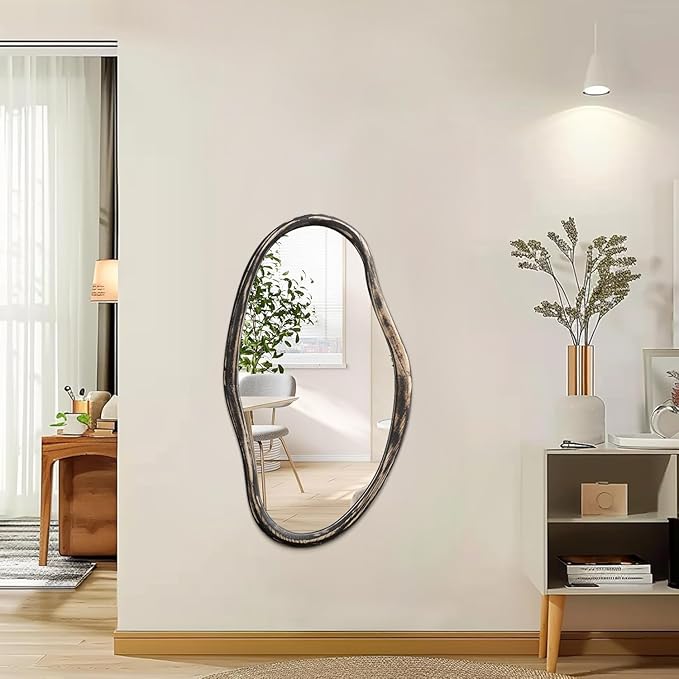 JJUUYOU Asymmetrical Wall Mirror Irregular Mirrors for Wall Modern Wood Frame Unique Vanity Mirror Shaped Dressing Mirrors Decor for Living Room Bathroom Bedroom Entryway Large 30"x18"