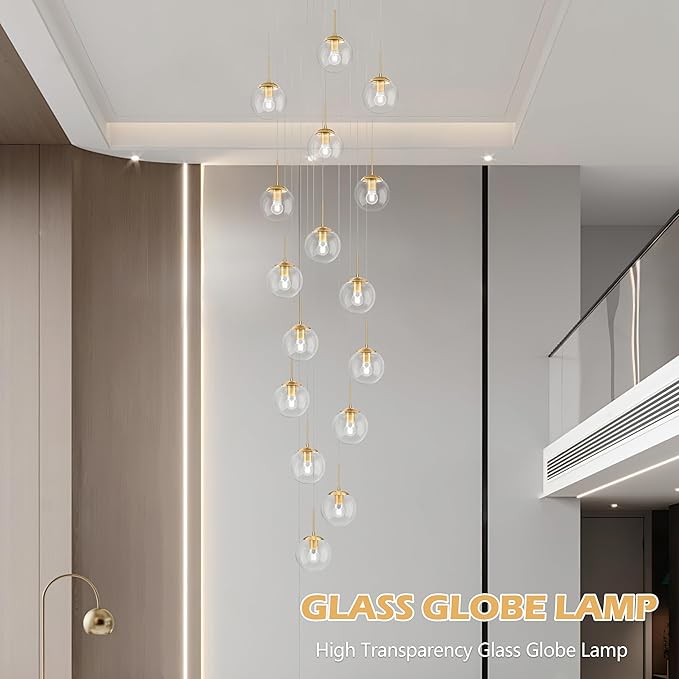 KoKo&Yukina 16-Light Gold Mid Century Modern Chandelier for Living Room Staircase Chandelier for Entryway Clear Globe Glass Chandelier High Ceiling Chandeliers Foyer Entryway (Bulb & Remote Incl.)