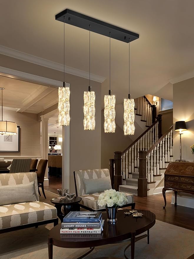 Dining Room Light Fixture 4-Light Black Kitchen Island Lighting Industrial Linear Chandeliers for Dining Room Pendant Light Fixture for Living Room Hallway Bedroom 2700K-6000K