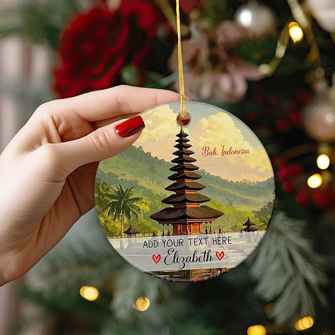 Customized Text/Name Bali Indonesia Ceramic Ornament Christmas 2025, Personalized Bali Landscape Christmas Ornament Keepsake, Ulun Danu Beratan Temple Xmas Ornaments Gifts for Travel Lover Men Women
