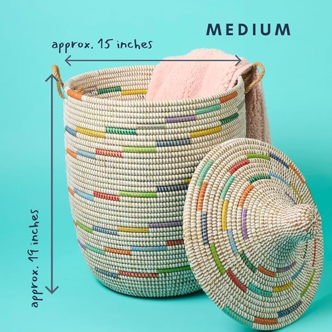 Basket for Decor, Organizing, Storage - Living Room Blankets, Nursery Toys, Laundry, Towels, Pillows, Comforter, Cushion - Wicker, Woven, Round, Lid and Handles, Colors on White (3pcs Set)