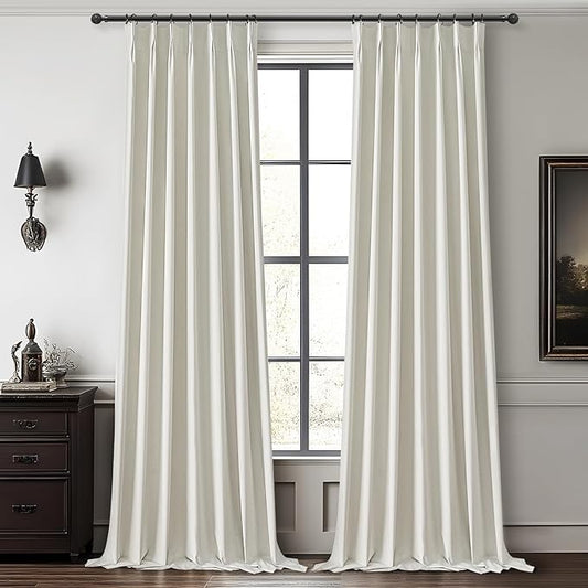 Elegant Curtains for Living Room 102 Inch Long, Linen Pinch Pleated 100% Blackout Viral Window Curtains with Hooks for Bedroom Thermal Pleated Drapes for Nursery Beige White(40" Wx102 Lx2 Panels)