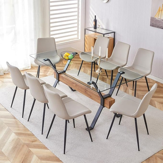 9 Piece Glass Dining Table Set, Kitchen Table Chairs Set for 8, 71'' Dining Table with 0.4" Tempered Glass Tabletop with Plated Metal Legs and MDF Crossbar, 8 PU Chairs for Dining Room, Kitchen.