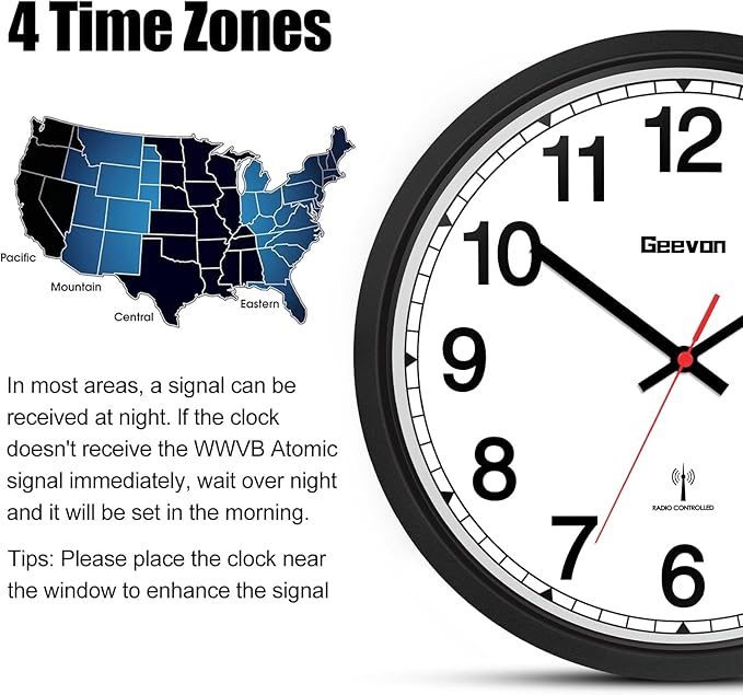 Geevon Atomic Wall Clock, 12" Sets Automatically Wall Clock Battery Operated with AUTO DST, Easy to Read Atomic Analog Clock for Kitchen/Office/Classroom/Living Room(Black)