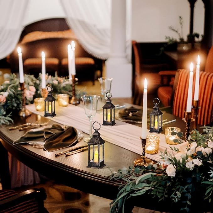 Hoolerry 24 Set Halloween Mini Lanterns with LED Candles 5.5'' Decorative Hanging Small Vintage Lantern Centerpiece Battery Powered for Wedding Table(Rustic)