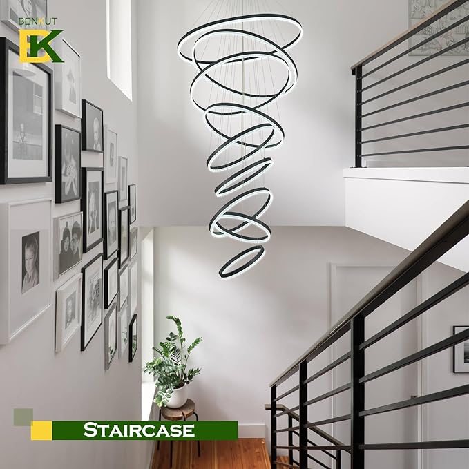 9 Rings Modern LED Chandelier Black Dimmable Large Foyer Chandeliers Entryway High Ceiling for Staircase, High Ceiling Pendant Lights for Entryway Living Room, 3000K-6500K CCT