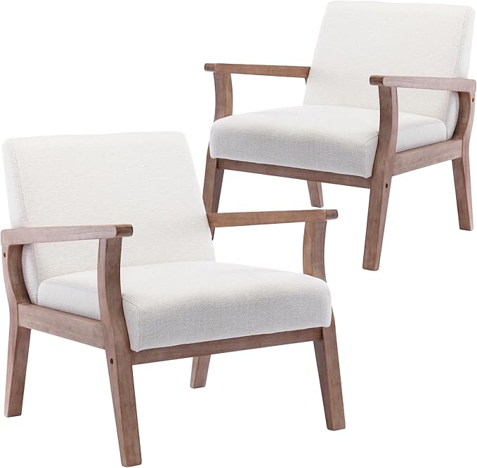 Wahson Comfy Living Room Chairs Set of 2, Linen Upholstered Accent Chairs, Farmhouse Armchairs with Natural Wood Frame, Oversized Decorative Chair for Bedroom, Beige