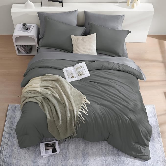WRENSONGE Twin Comforter Set- 5 Pieces Grey Bed in a Bag, All Season Twin XL Bedding Sets with 1 Fitted Sheet, 1 Flat Sheet, 1 Pillow Sham and 1 Pillowcase