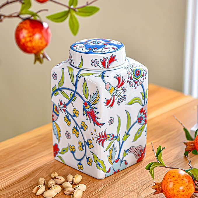 Sungmor Decorative Ceramic Ginger Jar with Lid, Square Ceramic Storage Jar Tea Canister, 8.2" Hand Painted Floral Pattern Porcelain Vase for Table Centerpiece, White Glazed Ginger Jar for Home Decor