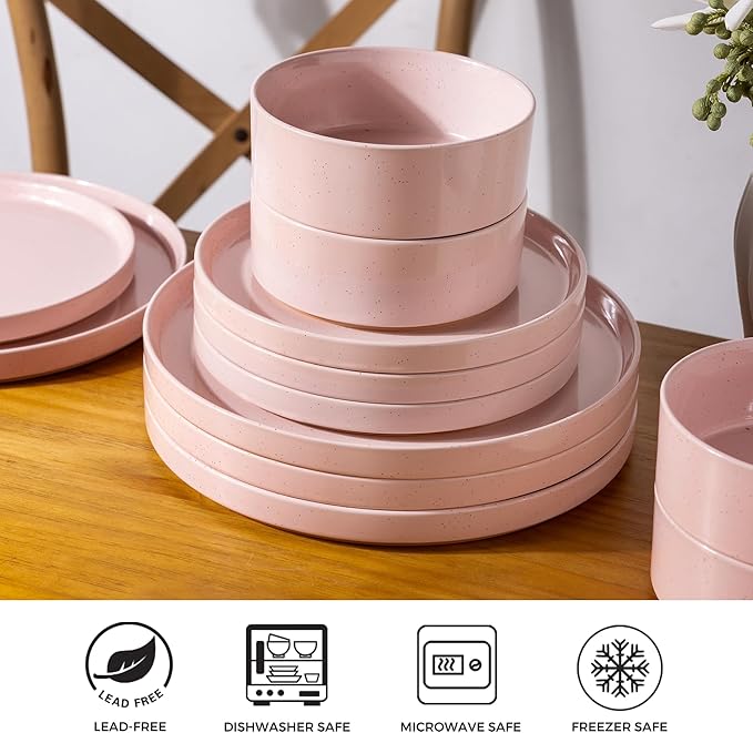AmorArc Ceramic Dinnerware Set for 4 | Speckled Stoneware Plates and Bowls with unglazed terracotta | Scratch Resistant, Dishwasher & Microwave Safe Dishes Sets- 12-Pcs Pink