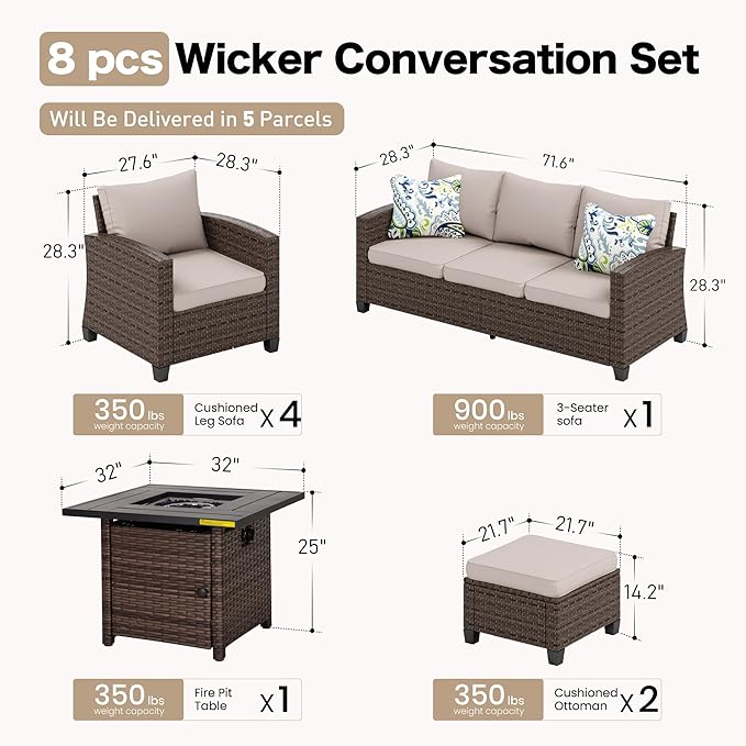 Patio Furniture Set Outdoor Furniture Brown Wicker Rattan Patio Conversation Sets with Cushion Outside Sofa Set,7 Pieces with Firepit Table,9 Seats,Beige