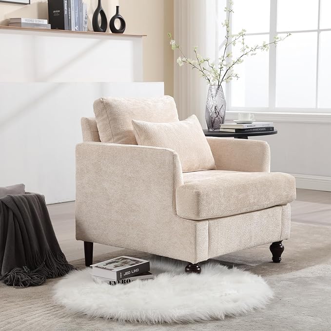 Furnilivng Mid-Century Modern Accent Chair, Comfortable Chenille Lounge Armchair, Upholstered Cozy Single Sofa Chair for Living Room, Bedroom, Reading Room, Home Office, Beige