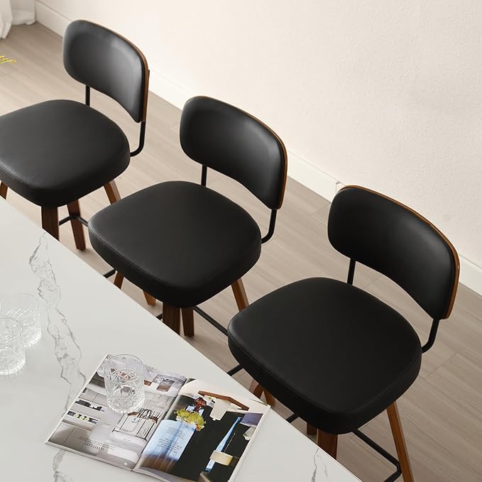 Swivel Counter Height Bar Stools Set of 4, 26" Upholstered Faux Leather Barstools with Back and Bent Wood Legs, Mid Century Modern Bar Chair Island Stool for Kitchen Counter, Black